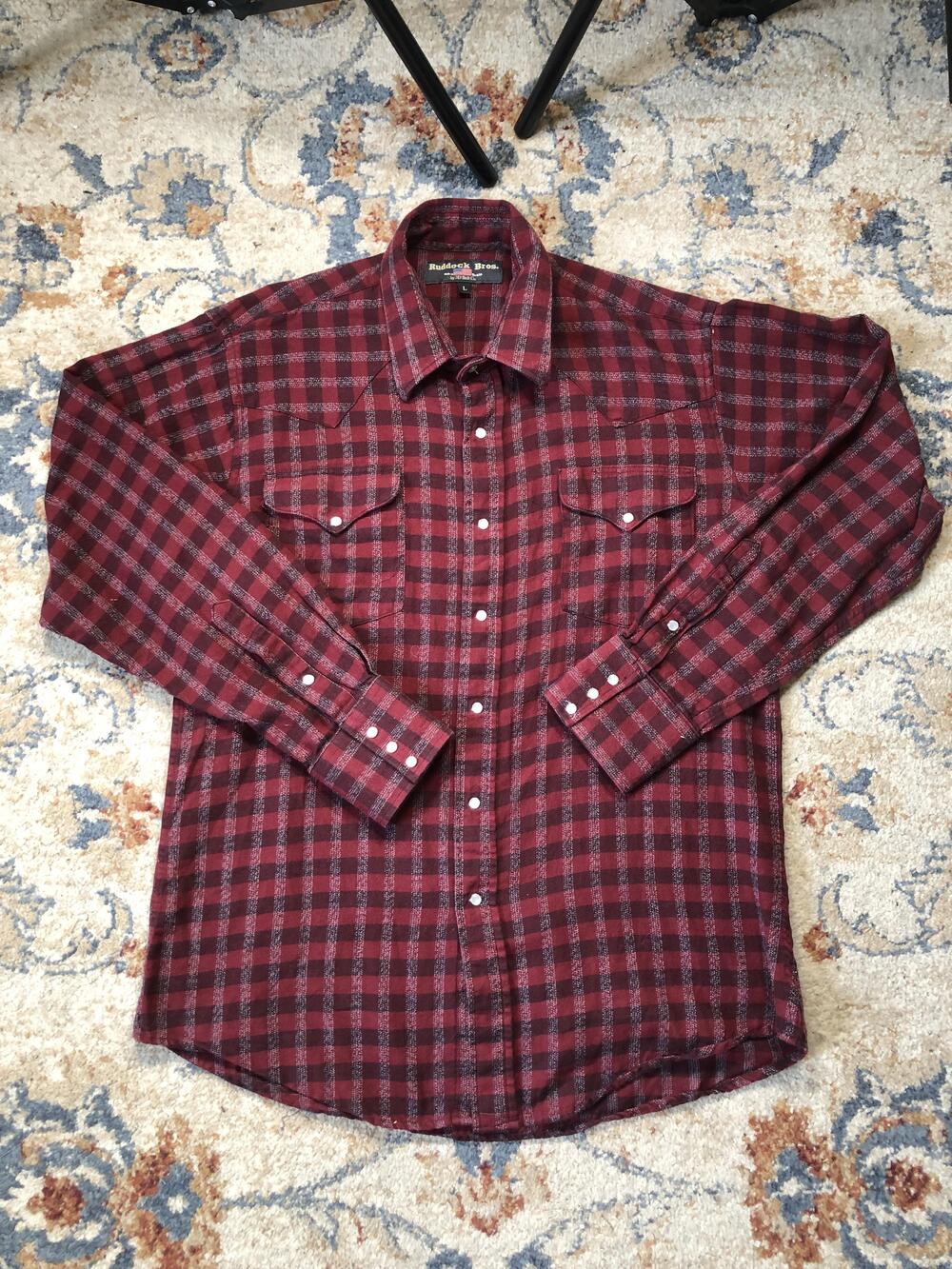 Ruddock Bros Shirt Mens Large Red Plaid Western Pearl Snap Long Sleeve USA